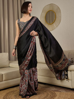 Akhilam - Crepe Black Printed Ready To Wear Saree with Unstitched Blouse