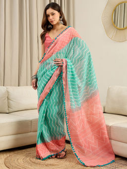 Akhilam - Cotton Turquoise Printed Ready To Wear Saree with Unstitched Blouse
