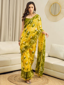 Akhilam - Cotton Yellow Printed Ready To Wear Saree with Unstitched Blouse