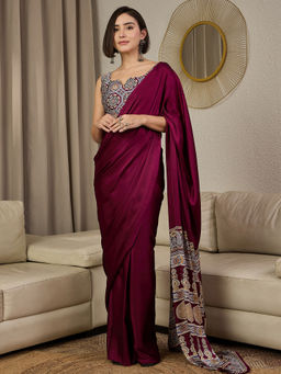 Akhilam - Satin Silk Burgundy Printed Ready To Wear Saree with Unstitched Blouse