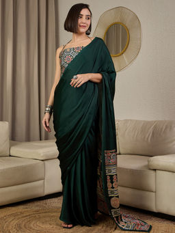 Akhilam - Satin Silk Dark Green Printed Ready To Wear Saree with Unstitched Blouse