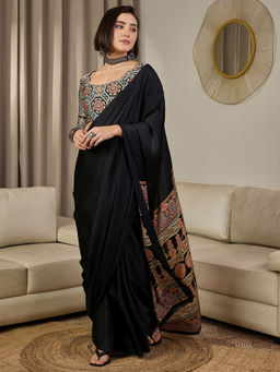 Akhilam - Satin Silk Black Printed Ready To Wear Saree with Unstitched Blouse
