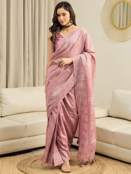 Akhilam - Kota Doria Cotton Pink Printed Ready To Wear Saree with Unstitched Blouse