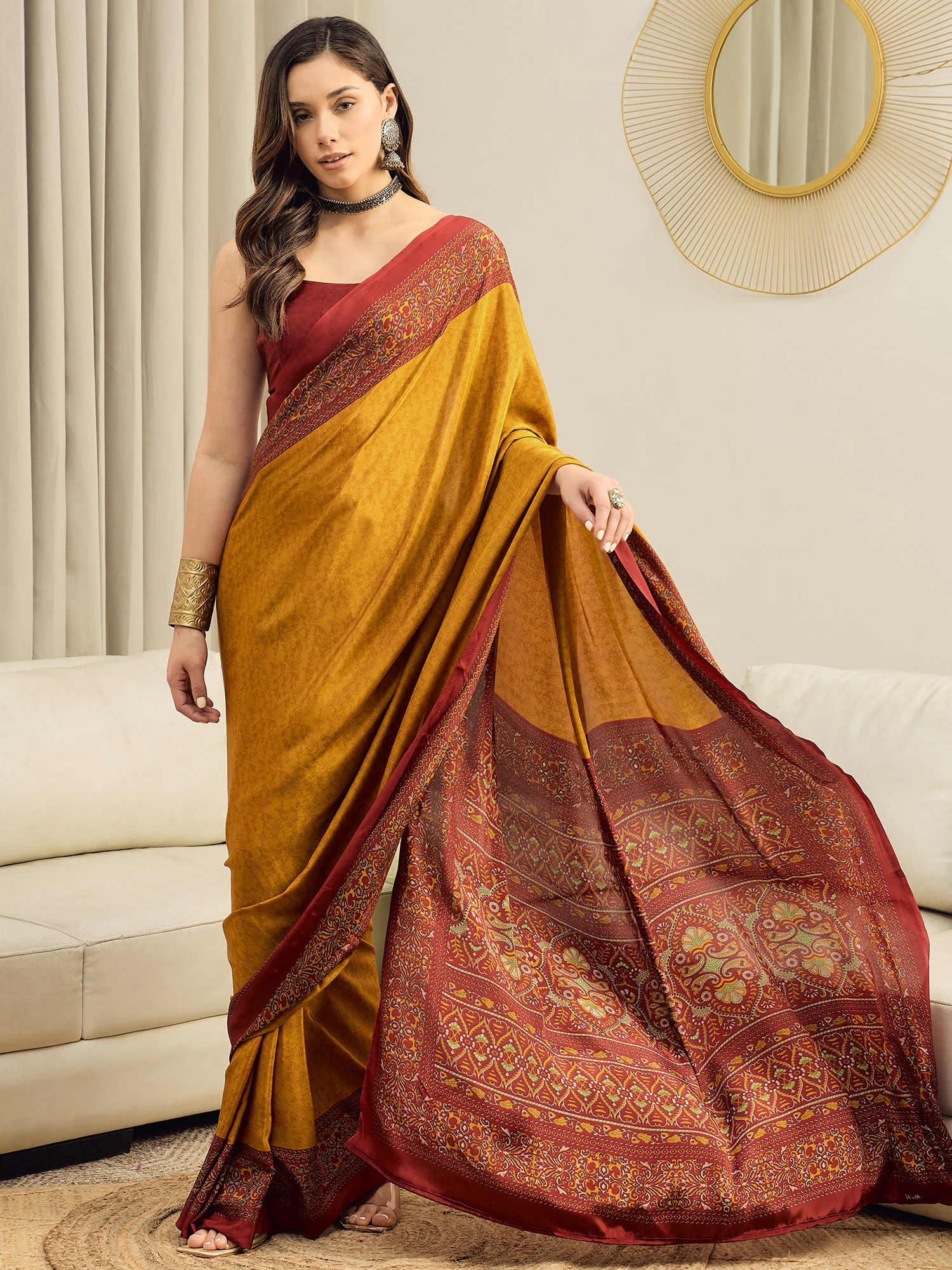 akhilam Crepe Mustard Printed Ready To Wear Saree with Unstitched Blouse-picture-18