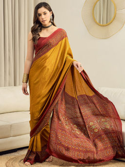Akhilam - Crepe Mustard Printed Ready To Wear Saree with Unstitched Blouse