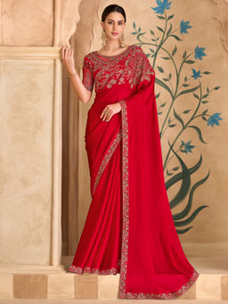 Akhilam - Satin Red Embellished Designer Saree with Unstitched Blouse