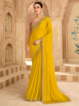 Akhilam - Satin Yellow Embellished Designer Saree with Unstitched Blouse