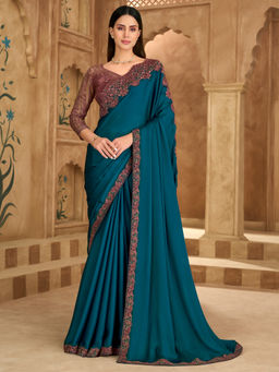 Akhilam - Satin Teal Blue Embellished Designer Saree with Unstitched Blouse