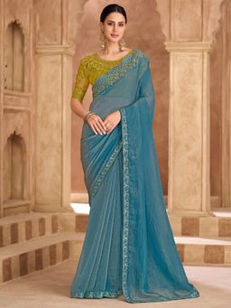Akhilam - Tissue Light Blue Embellished Designer Saree with Unstitched Blouse