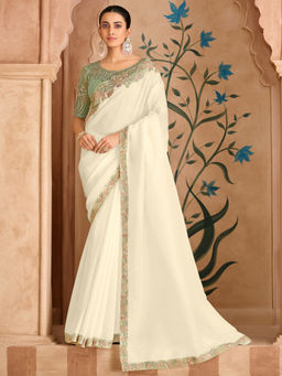 Akhilam - Tissue Off White Embellished Designer Saree with Unstitched Blouse