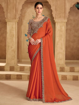 Akhilam - Satin Rust Embellished Designer Saree with Unstitched Blouse