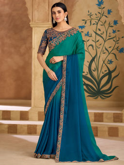 Akhilam - Chiffon Teal Green Embellished Designer Saree with Unstitched Blouse
