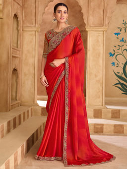 Akhilam - Satin Red Embellished Designer Saree with Unstitched Blouse