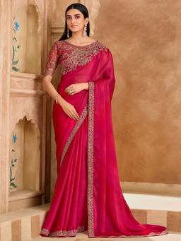 Akhilam - Satin Pink Embellished Designer Saree with Unstitched Blouse