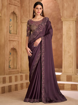 Akhilam - Satin Purple Embellished Designer Saree with Unstitched Blouse