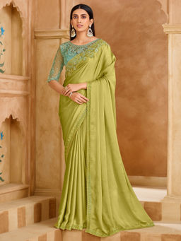 Akhilam - Satin Light Green Embellished Designer Saree with Unstitched Blouse