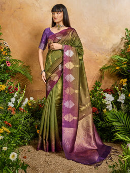 Akhilam - Cotton Blend Green Woven Design Designer Saree with Unstitched Blouse