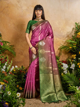 Akhilam - Cotton Blend Magenta Woven Design Designer Saree with Unstitched Blouse