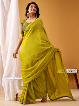 Akhilam - Chiffon Light Green Printed Designer Saree with Unstitched Blouse
