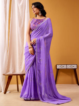 Akhilam - Chiffon Lavender Printed Designer Saree with Unstitched Blouse