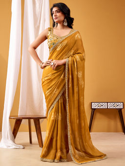 Akhilam - Chiffon Mustard Printed Designer Saree with Unstitched Blouse