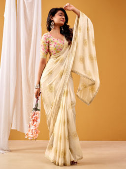Akhilam - Chiffon Off White Printed Designer Saree with Unstitched Blouse