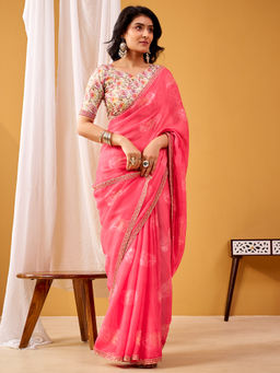 Akhilam - Chiffon Pink Printed Designer Saree with Unstitched Blouse