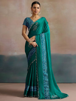 Akhilam - Chiffon Teal Blue Embellished Designer Saree with Unstitched Blouse