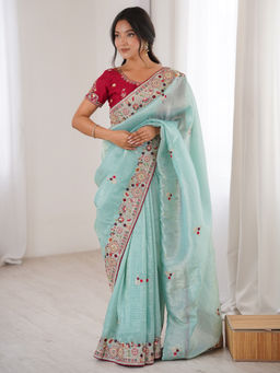 Akhilam - Paper Silk Light Blue Embellished Heavy Work Saree with Unstitched Blouse