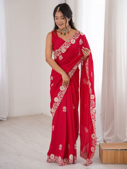 Akhilam - Vichitra Silk Pink Embellished Designer Saree with Unstitched Blouse