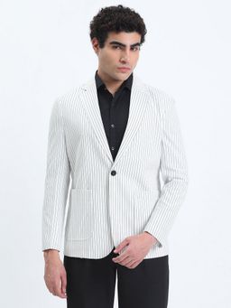 SHOWOFF - Men Striped White Single-Breasted Slim Fit Blazer