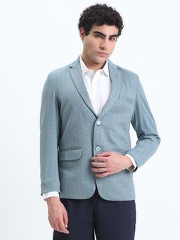 SHOWOFF - Men Self Design Blue Single-Breasted Slim Fit Blazer