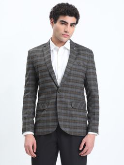 SHOWOFF - Men Grey Checked Single-Breasted Slim Fit Blazer