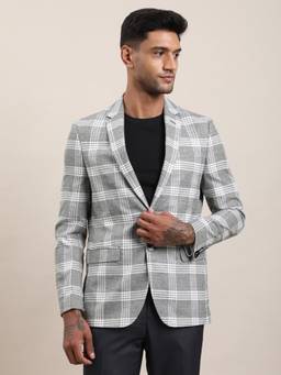 Turtle - Men Poly Viscose Tailored Fit Checkered Grey Casual Blazer
