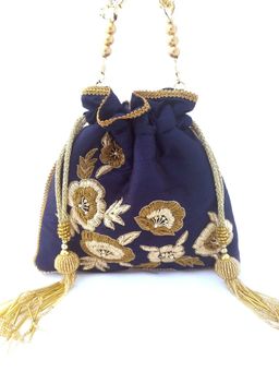 A Clutch Story - Navy Blue Dabka Leaf Potli