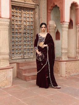 Ajiesh Oberoi - Wine Pre-Draped Saree with Stitched Blouse