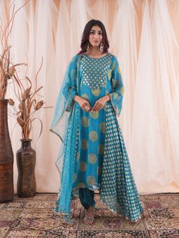 Farha Syed - Blue Anarkali with Dhoti and Dupatta (Set of 3)
