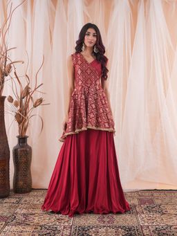 Farha Syed - Red Peplum Top with Lehenga (Set of 2)