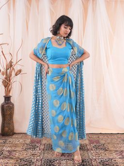Farha Syed - Blue Cape with Bustier and Drape Skirt (Set of 3)