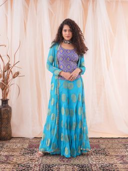 Farha Syed - Blue Long Shrug with Sharara and Short Top (Set of 3)