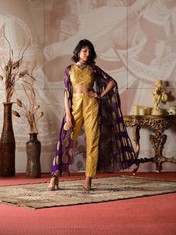 Farha Syed - Yellow Cape with Crop Top and Pant (Set of 3)