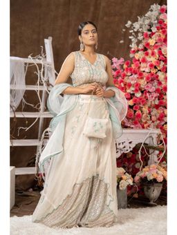 Farha Syed - Beige Indowestern Blouse with Lehenga, Dupatta and Bag (Set of 4)