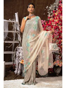 Farha Syed - Beige Saree with Stitched Blouse, Petticoat and Bag