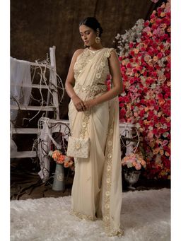 Farha Syed - Beige Saree with Stitched Blouse, Petticoat, Belt and Bag