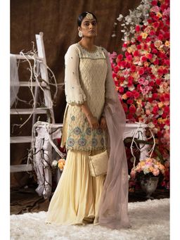 Farha Syed - Beige Kurta with Sharara, Dupatta and Bag (Set of 4)