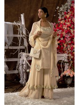 Farha Syed - Beige Kurta with Sharara, Dupatta and Bag (Set of 4)
