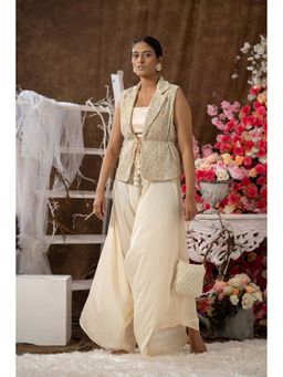 Farha Syed - Beige Jacket with Tube Top, Dhoti and Bag (Set of 3)