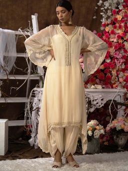 Farha Syed - Beige Kaftan with Inner and Dhoti (Set of 3)