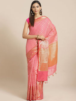 Indethnic - Banarasi Pink Woven Design Festive Wear Saree With Unstitched Blouse