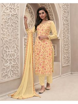 Seerat - Yellow Meena Jacquard Kurta with Pant and Hand Work Dupatta (Set of 3)